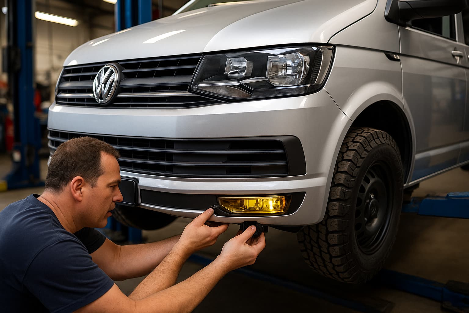 Nebelschweinwerfer wird an einem VW installiert